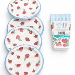 Strawberry Print Paper Party Plates (32) and Serving Carton (8) - strawberry